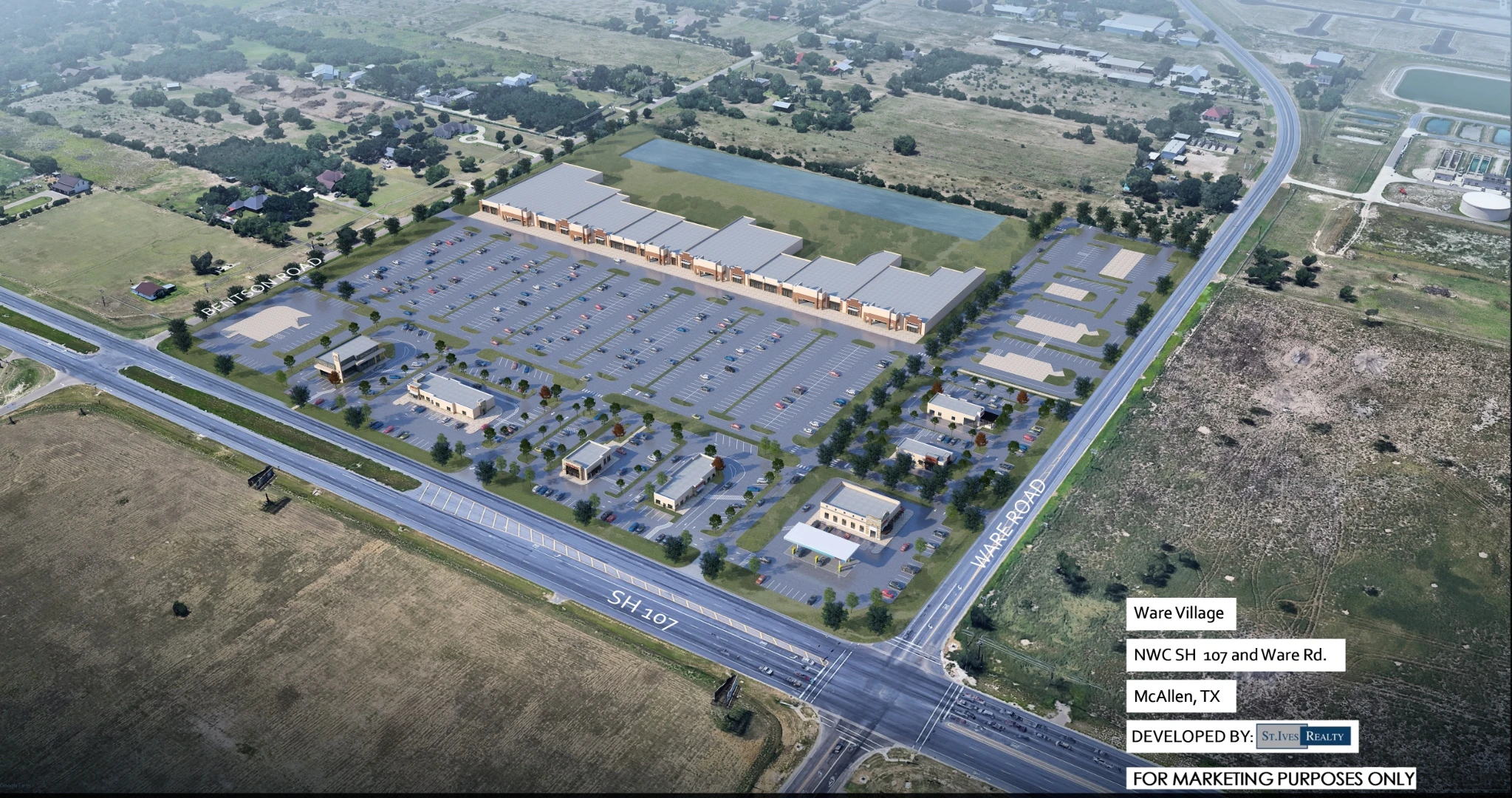 Ware Village site rendering at the hard corner parcel of Hwy 107 and Ware Road, McAllen, Texas